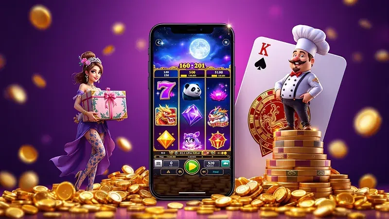 Antarmuka slot dengan reel dan kartu permainan di perangkat mobile